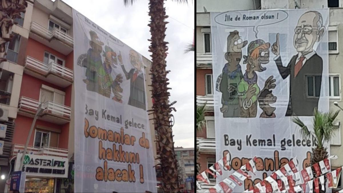 CHP rk yzn pankartla gsterdi! ''Romanlar 14 Mays'ta bu karikatr unutmayacak''