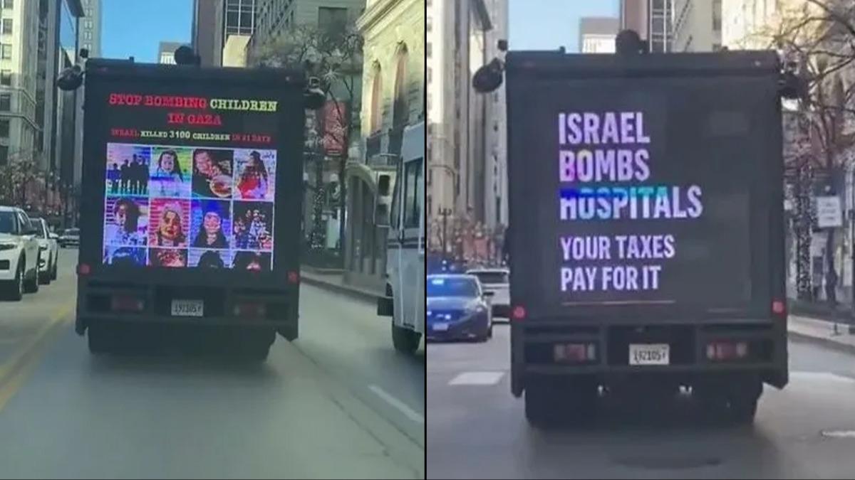 Dünyaya açık mesaj... ABD sokaklarında İsrail'in savaş suçlarını kamyonetle duyurdular