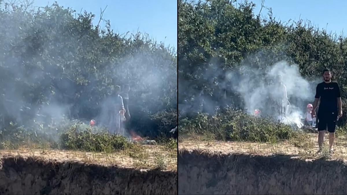 Saros'da ormanda ate yakanlara tepki kamerada: Yazklar olsun