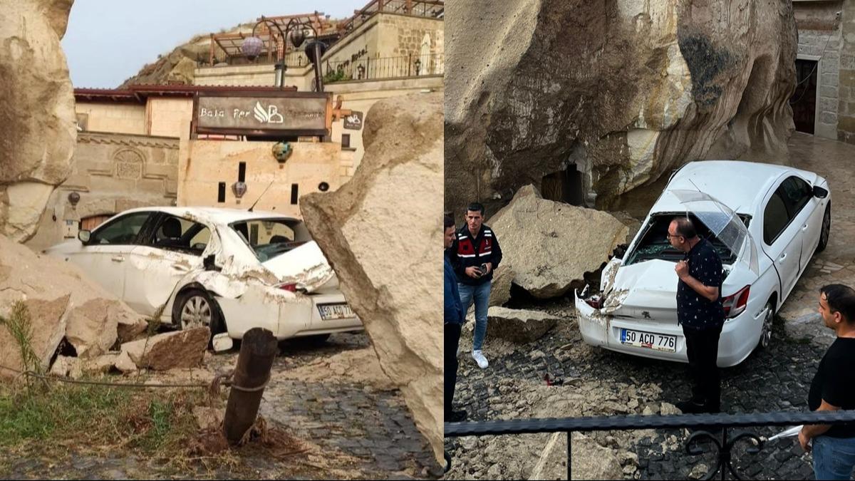 Kapadokya'da sel felaketi! Peribacalarndan den kaya paralar otomobillere zarar verdi
