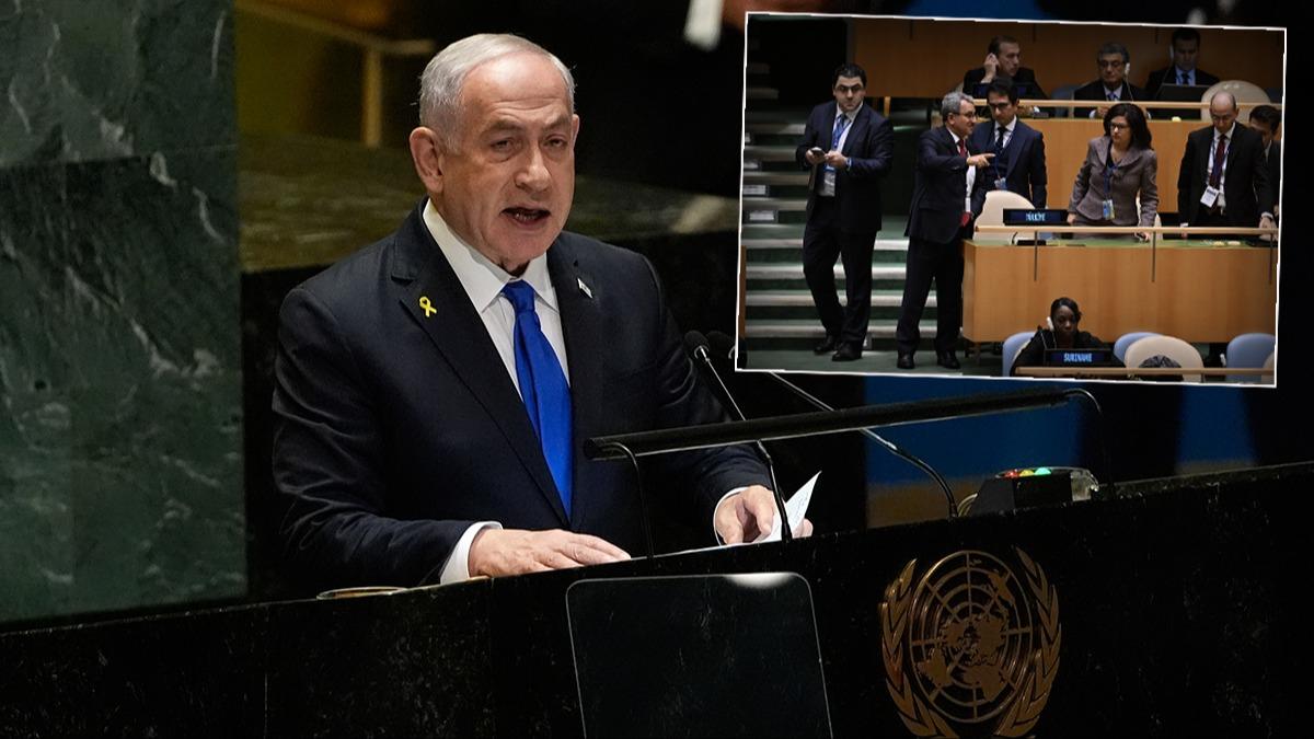 'Gazze kasab' Netanyahu'ya BM'de souk du! Trk heyeti ve birok delegasyon salonu terk etti  