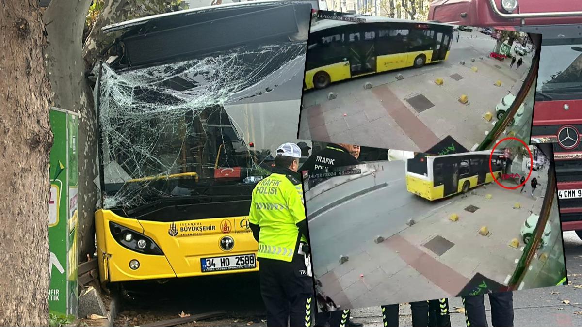 Bahelievler'de ETT kazas: Yolcu dolu otobs aaca arpt! Feci kaza kameraya yansd