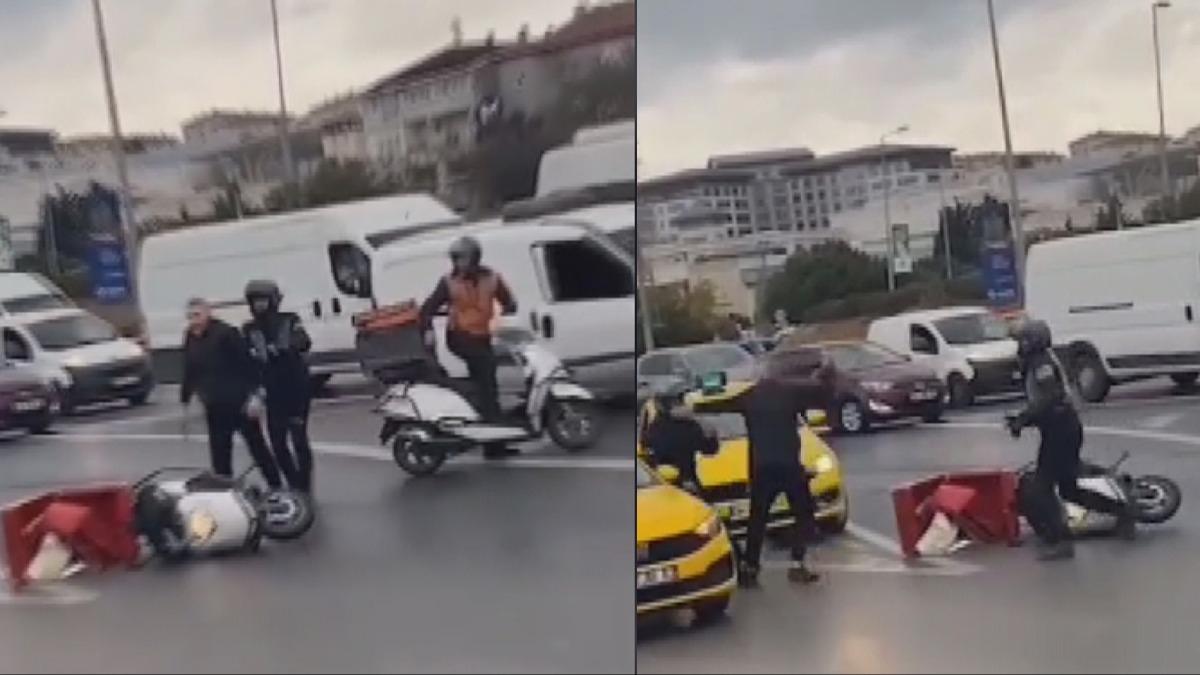 stanbul'da korku dolu anlar! Motosikletli kuryeye demir ubukla saldrd