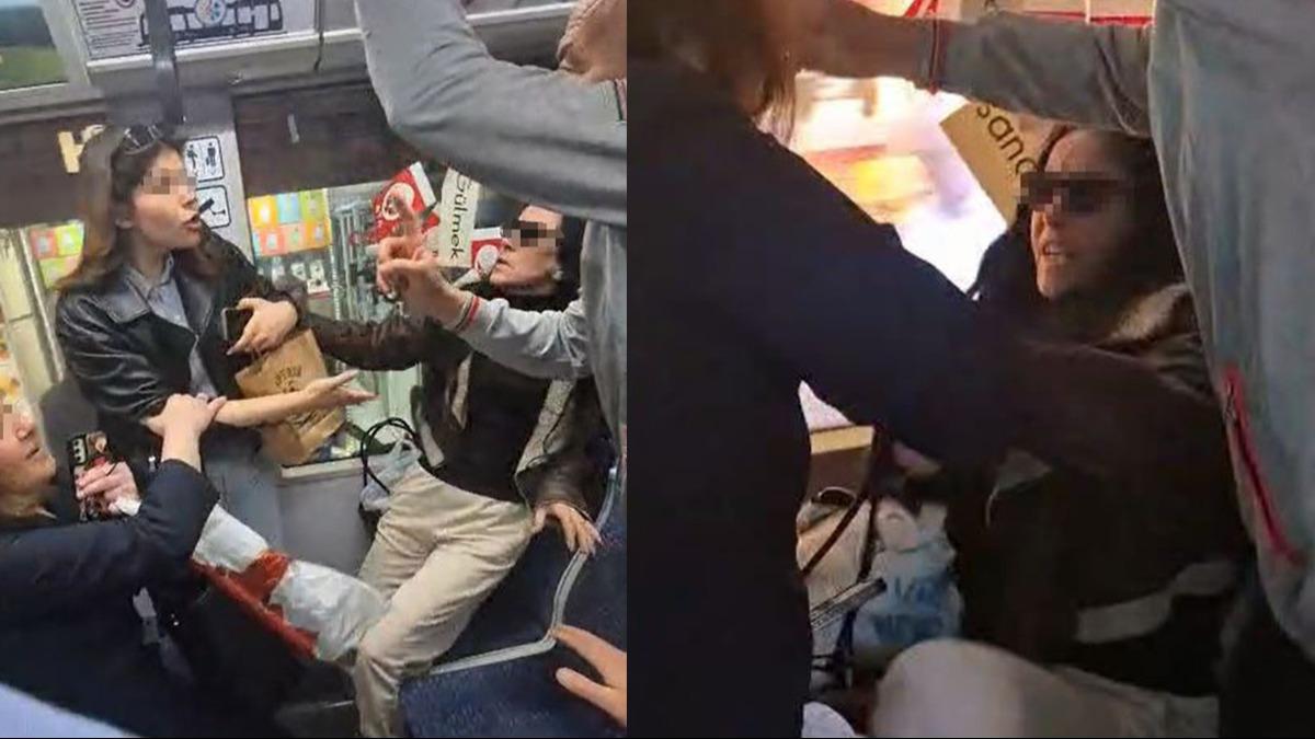 Tramvayda kadn yolcularn koltuk kavgas kamerada! Kfrler, hakaretler, tkrkler havada uutu