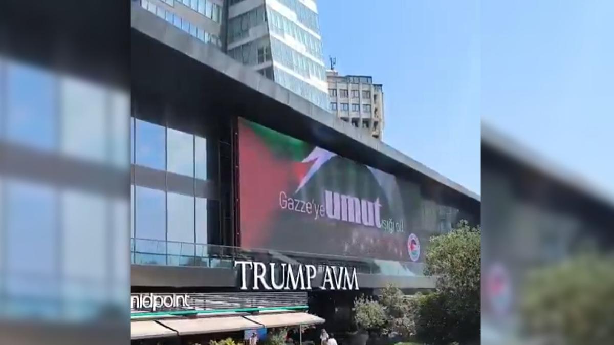 Filistin'e destek yry reklam Trump AVM'de dev ekrandan gsterildi