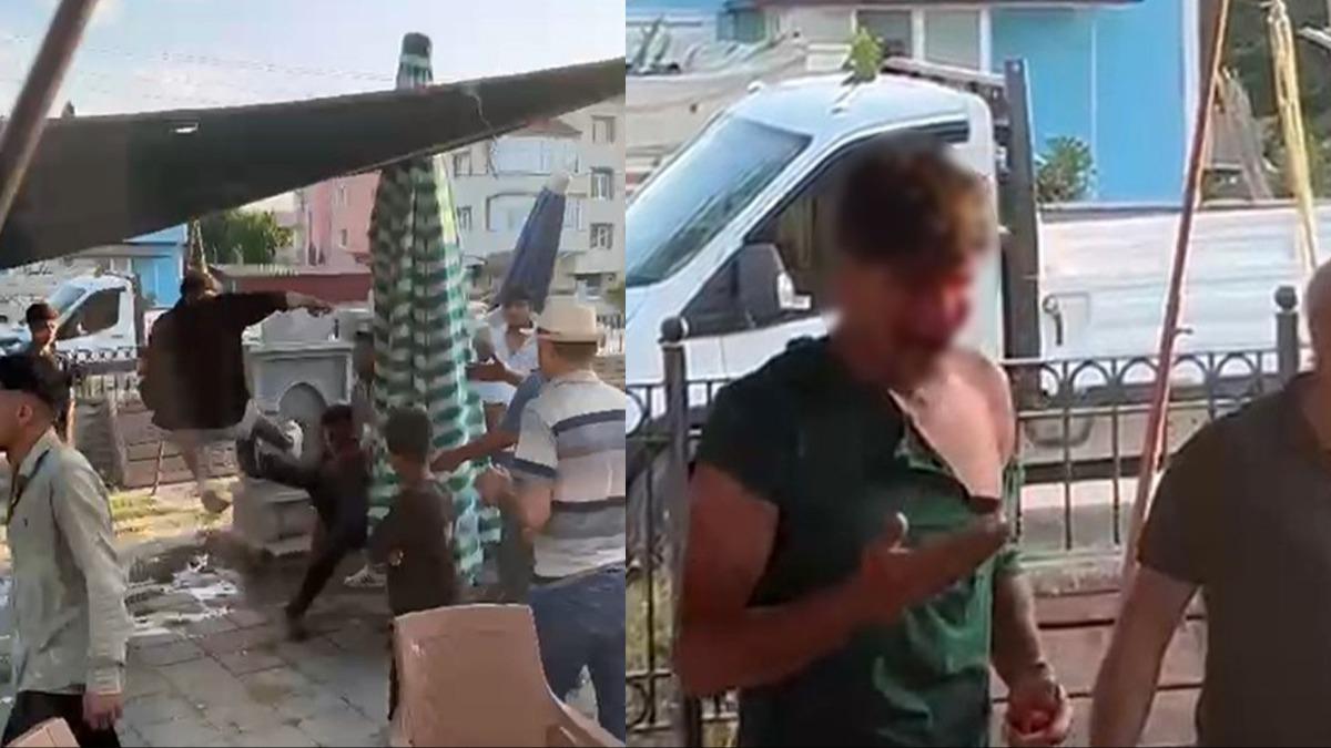 Pazar yerinde dehete dren grnt! 3 kii araya aldklar genci tekme tokat dvd