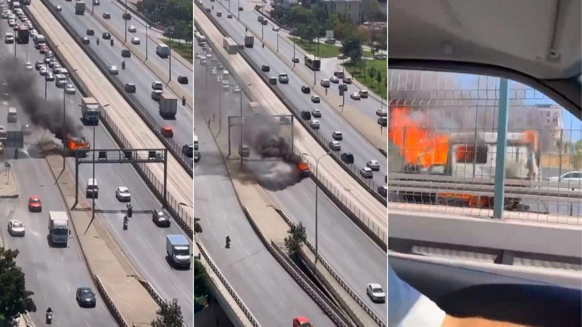 E-5'te korkutan anlar! Yanan kamyonet srcsz ilerledi 