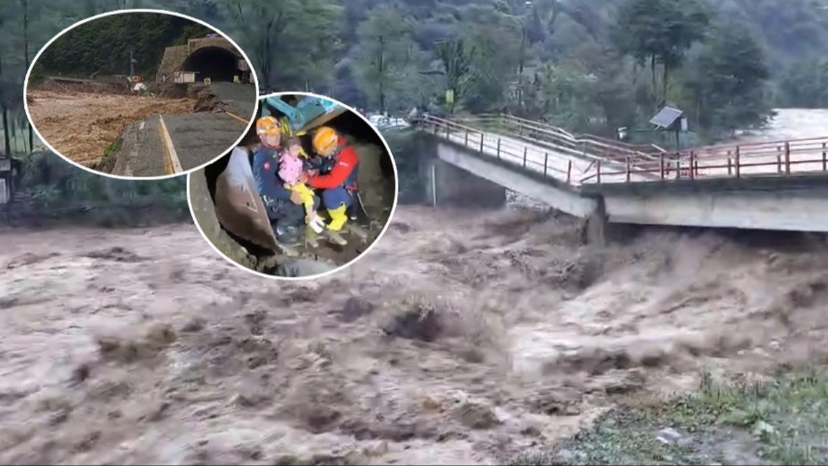 Rize'de sel ve heyelan! Mahsur kalanlar kepeyle kurtarld