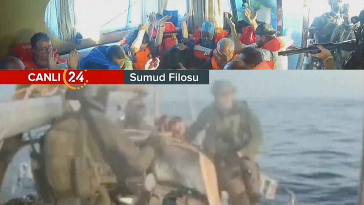 te o anlar! Katil srail askerleri silahlarla Sumud gemisini bast