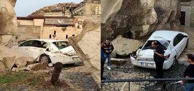 Kapadokya'da sel felaketi! Peribacalarndan den kaya paralar otomobillere zarar verdi