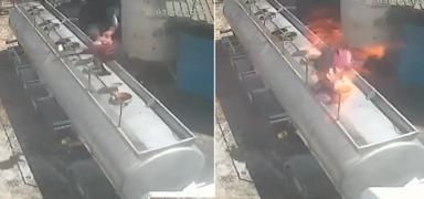 Sigarayla a�t��� tanker kapa�� bomba gibi patlad�